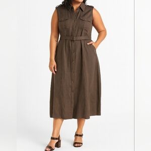 Brown Button Down Sleeveless Belted Shirt Dress 18 Office Resort